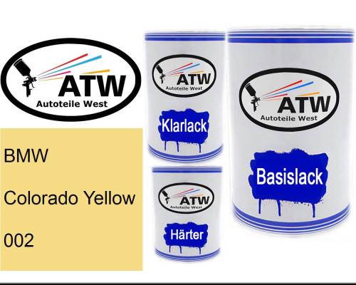 BMW, Colorado Yellow, 002: 500ml Lackdose + 500ml Klarlack + 250ml Härter - Set, von ATW Autoteile West.